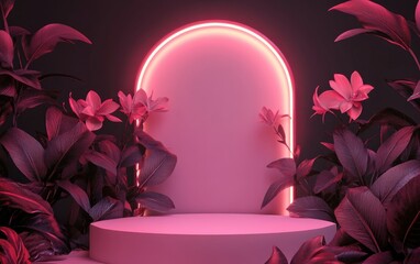 Aufkleber - 3D illustration of a display podium featuring flowers and leaves
