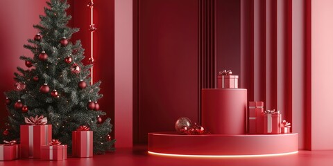 Aufkleber - 3D red podium with a festive backdrop featuring a Christmas tree designed for a New Year theme showcasing a product display stand for cosmetics illustrated in a Vray render style