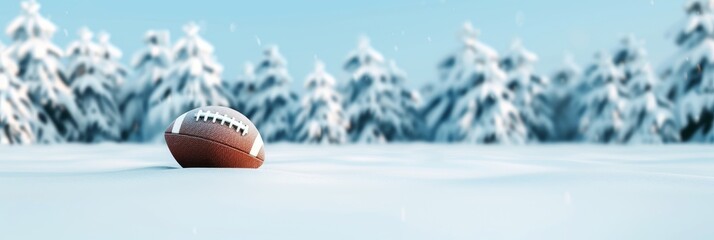 Poster - A lone football rests on a pristine, snow-covered field, surrounded by a backdrop of snow-laden trees. The scene evokes a sense of tranquility, winter sport, and anticipation for a game.