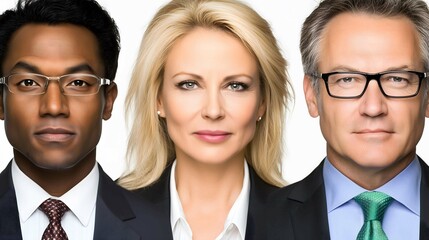 Three confident business professionals posing on white background