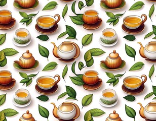 Wall Mural - vector cartoon seamless pattern tea theme gift wrapping paper decoration branding white background concept asian drink tea ceremony