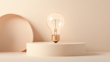 Aufkleber - 3D podium showcase against a soft beige backdrop featuring a light bulb Concepts of creativity business achievement and strategic planning