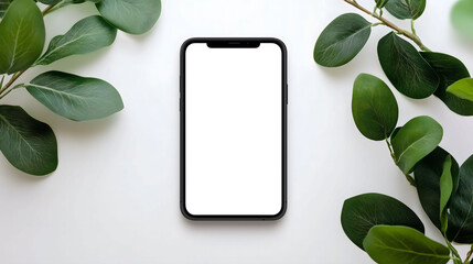 Smartphone showing white screen surrounded by green leaves on white background