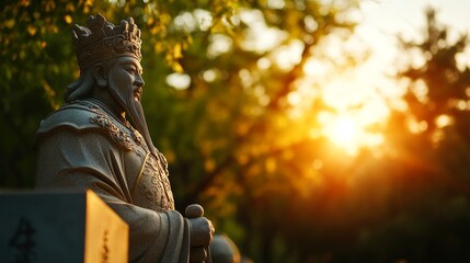 Sticker - A majestic stone statue of a king stands tall amidst a backdrop of golden sunset light filtering through the trees.  This image evokes concepts of power, history, legacy, and the passing of time.