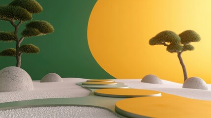 3D rendering of an abstract zen garden concept featuring a yellow and green background