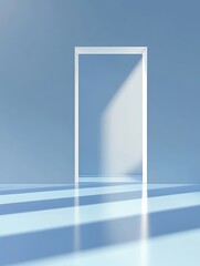 Poster - A minimalist abstract wallpaper featuring a white doorway set against a light blue wall. The light from outside casts parallel lines on the floor, creating a sense of depth and perspective. The image 