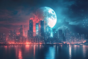 Canvas Print - A futuristic cityscape illuminated by vibrant lights and a large moon, reflecting on water.