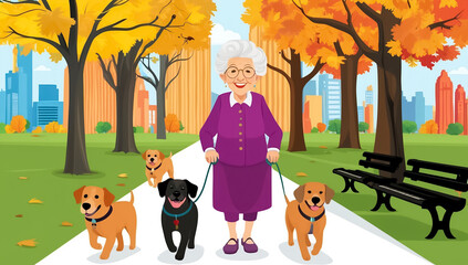 elderly woman with dog walking in park autumn, flat design, cartoon illustration