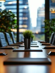 Poster - A modern conference room with a wooden table, black chairs, and a potted plant in the center, facing a large window with a city view.