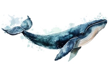 Poster - A watercolor illustration of a whale swimming gracefully in the ocean.