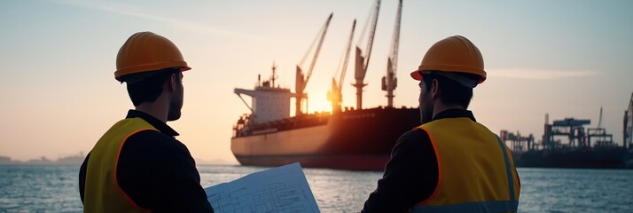 Two engineers in hard hats and vests review ship blueprints at a shipyard during sunset with a cargo ship.