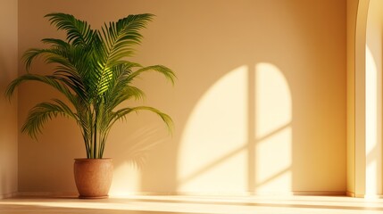 Sticker - A serene minimalist space featuring a lush palm plant in a terracotta pot, bathed in soft, natural light streaming through a window. The warm hues and simple composition create a sense of tranquility 