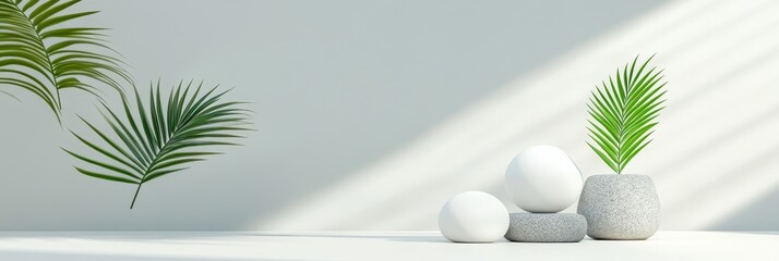 a serene minimalist product display featuring white pebbles arranged in a balanced composition, acce