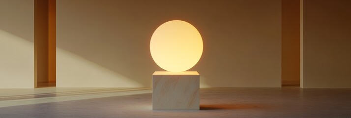 Sticker - A simple yet elegant composition featuring a glowing circular light hovering above a sleek square stone base.  The light symbolizes enlightenment, purity, and hope, while the stone represents groundin