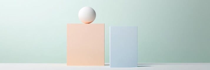 Canvas Print - A simple and elegant still life featuring a white sphere balanced on a peach-colored platform, next to a light blue platform, against a soft green backdrop. The image evokes a sense of balance, tranqu