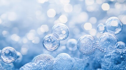 Wall Mural - Glistening Transparent Bubbles Floating on a Blue Surface with a Bokeh Background