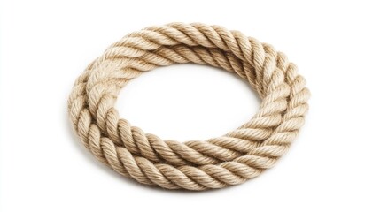 Thin Rope Circle. Beige Waved Rope Loop on Isolated White Background