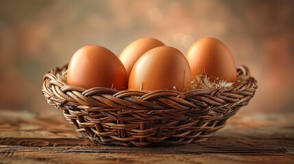 Four brown eggs in a woven wicker basket on a rustic wooden table.