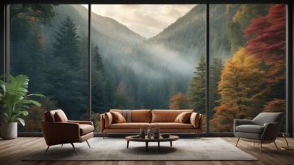 Wall Mural - Super modern living room in Scandinavian style with beautiful mountain wallpaper