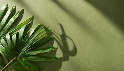 Green leaf of tropical plant on green textured background with space for text, top view.