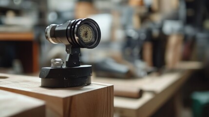 Wall Mural - Close-up of a Black Gauge on a Wooden Surface in a Workshop