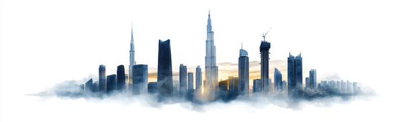 Wall Mural - A watercolor painting depicting the iconic skyline of Dubai with tall skyscrapers, a dramatic sunset, and clouds.  The city is a symbol of growth, innovation, and ambition.