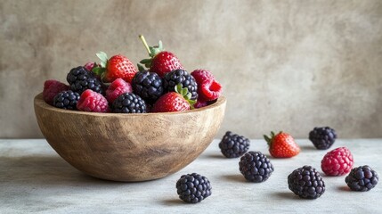 Wall Mural - Fresh Berries in a Wooden Bowl with Scattered Berries