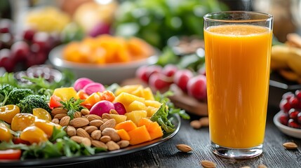 Vibrant healthy breakfast spread with fresh vegetables, fruits, nuts, and juice