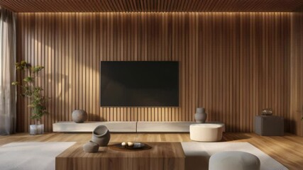 Wall Mural - modern living room with wooden slat wall