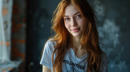 Poster - Portrait of a young woman with long red hair wearing a white t-shirt with the words 