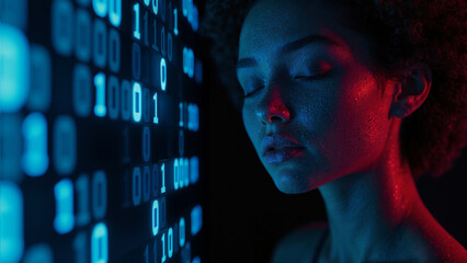 A girl with closed eyes stands in a dark room near a screen with a binary code