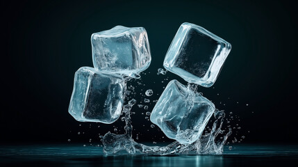 Poster - Four ice cubes falling into water with splashes and droplets against a dark background.