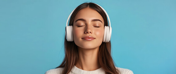Portrait of a fashionable young woman wearing headphones and listening to music on a simple color background with copy space, banner template