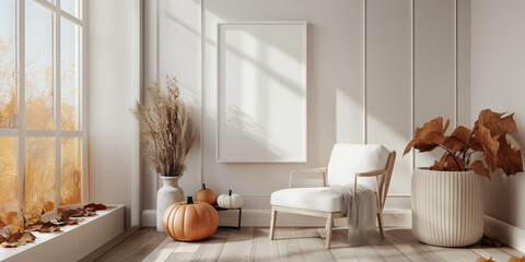 Wall Mural - Mockup Frame in Halloween Interior with Autumn Decor, Poster Mockup, Fall Print Mock Up