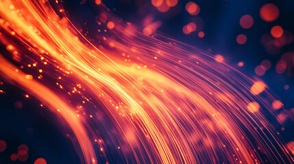 Wall Mural - Vivid light streaks dance across a dark blue backdrop. Fiery red and molten orange blaze in radiant bursts, creating an abstract and mesmerizing spectacle. 