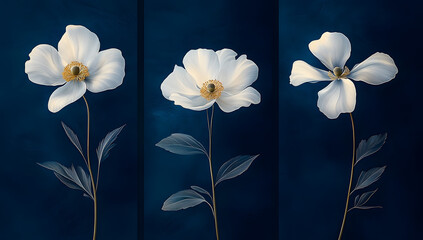 Wall Mural - Three art posters with white flowers on dark blue backgrounds