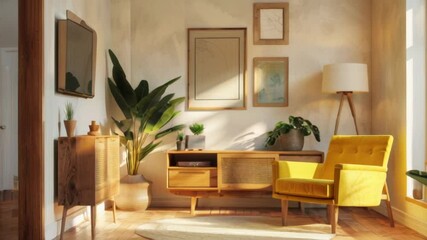 Wall Mural - A cheerful living room with wooden furniture, lush plants, and warm decor creating a cozy atmosphere