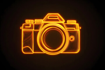 Wall Mural - Neon silhouette of a camera icon outlined in yellow and orange light isotated on black background.