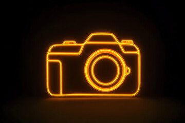 Wall Mural - Neon silhouette of a camera icon outlined in yellow and orange light isotated on black background.