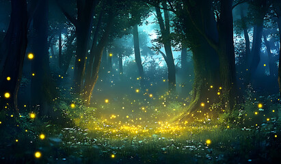 Enchanting forest with glowing fireflies at night