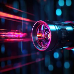 a vibrant close-up of a camera lens with colorful light beams, showcasing technology and creativity 