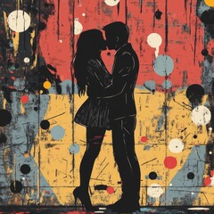 Silhouettes of a couple kissing on a grunge background.