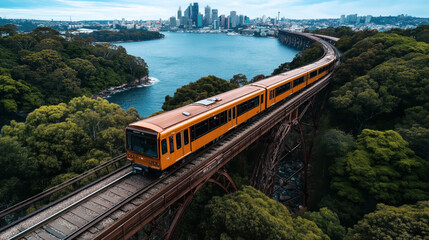 Sticker - An orange passenger train crossing a high bridge over a forested area with a city skyline and waterfront in the background.