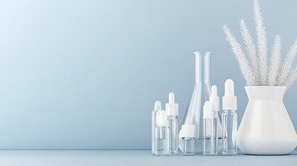 Wall Mural - clear test tubes and flasks filled with liquid are arranged on a table in a laboratory with a calmin