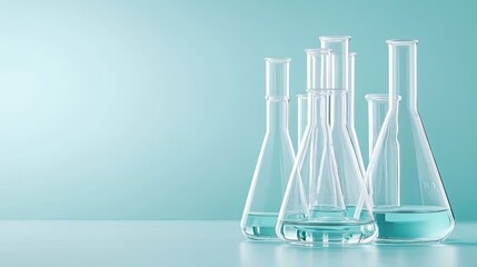 Wall Mural - clear test tubes and flasks filled with liquid are arranged on a table in a laboratory with a calmin