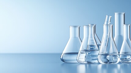 Wall Mural - clear test tubes and flasks filled with liquid are arranged on a table in a laboratory with a calmin