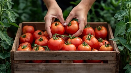 Canvas Print - Close-up of hands placing ripe tomatoes into a wooden crate, surrounded by lush green vines