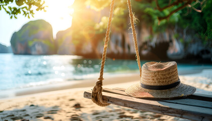 Summer Vacation and Holiday Trip Concept : Weave hat put on wooden swing with beautiful tropical seascape view and sunlight in background.