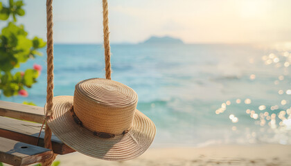 Wall Mural - Summer Vacation and Holiday Trip Concept : Weave hat put on wooden swing with beautiful tropical seascape view and sunlight in background.