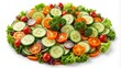 © Adisorn - Vibrant colorful mixed green salad with cherry tomatoes, cucumber slices, and carrots, arranged in a visually appealing pattern, isolated on a white background.